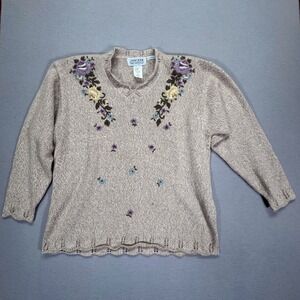 Jantzen Classics Womens Embroidered Knit Sweater Beige Floral XL